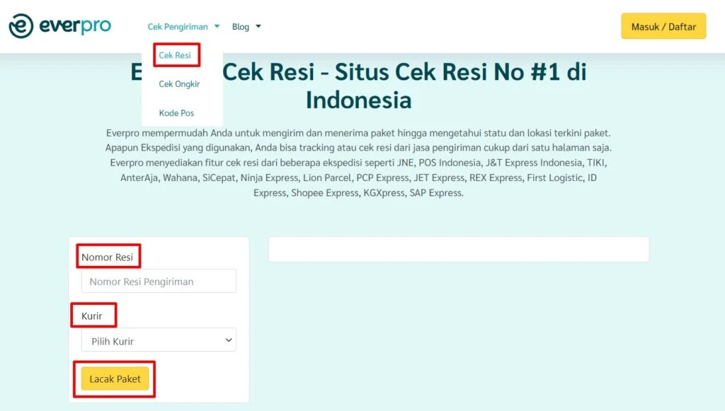 lacak paket melalui everpro